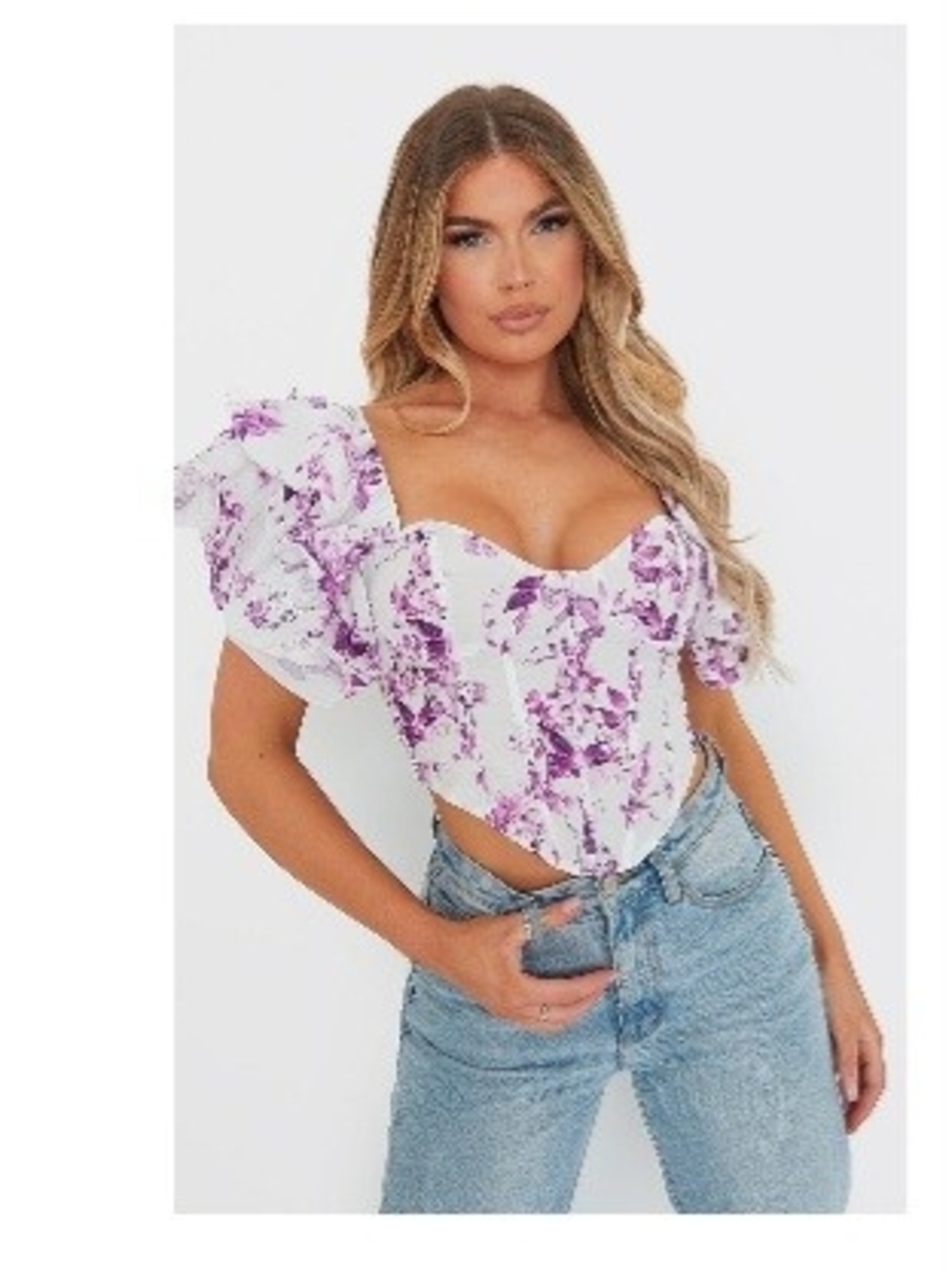 PrettyLittleThing White & Purple Floral Puff-Sleeve Corset Crop Top